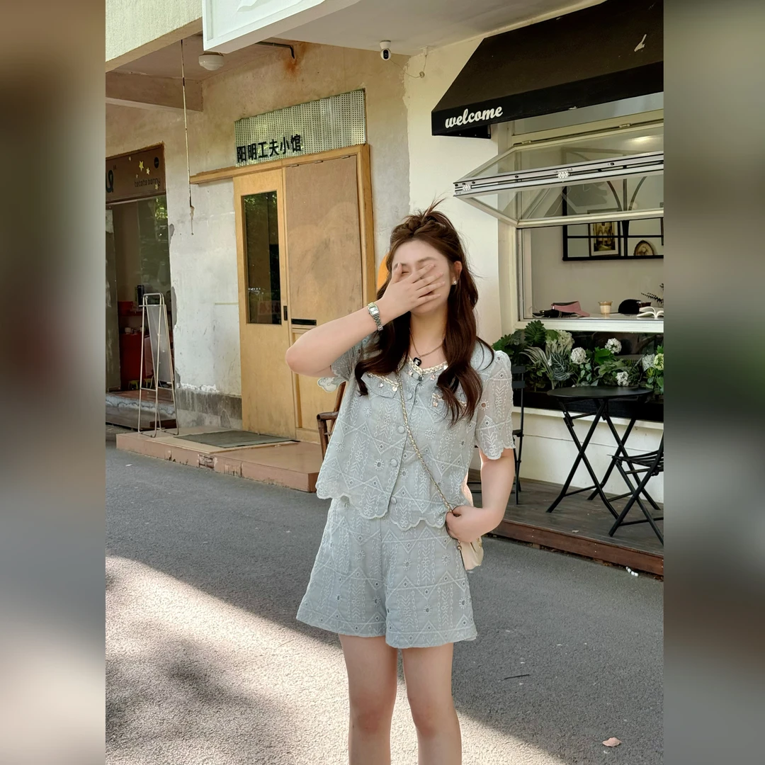 楠序源子微胖女装 法式休闲女装高级感夏季上衣裤子两件套YZ36256