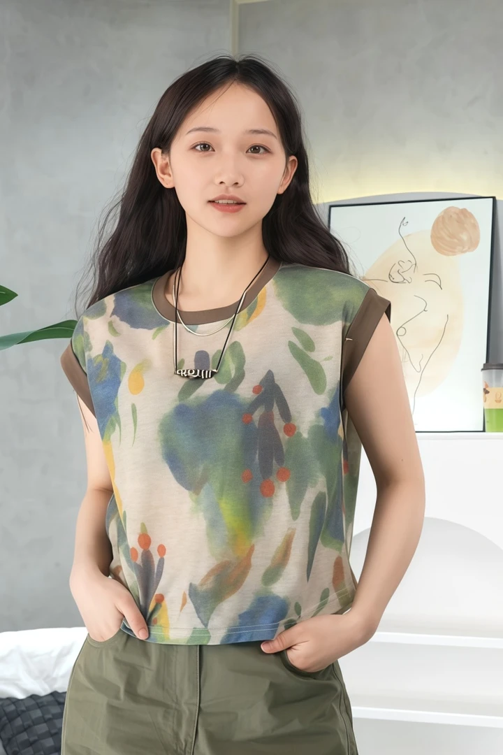 爱歌-复古油画风印染宽松飞飞袖短款透气百搭无袖上衣T恤-新款