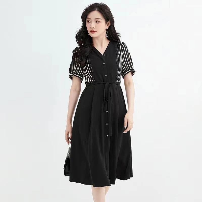 [Y2031]夏季新品气质V领高端时尚拼色洋气显瘦连衣裙女