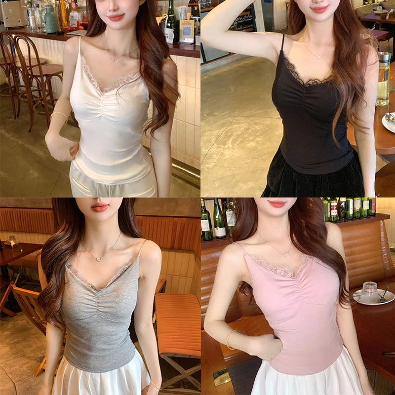 新款纯欲蕾丝吊带褶皱设计背心女修身打底内搭美背带胸垫外穿上衣