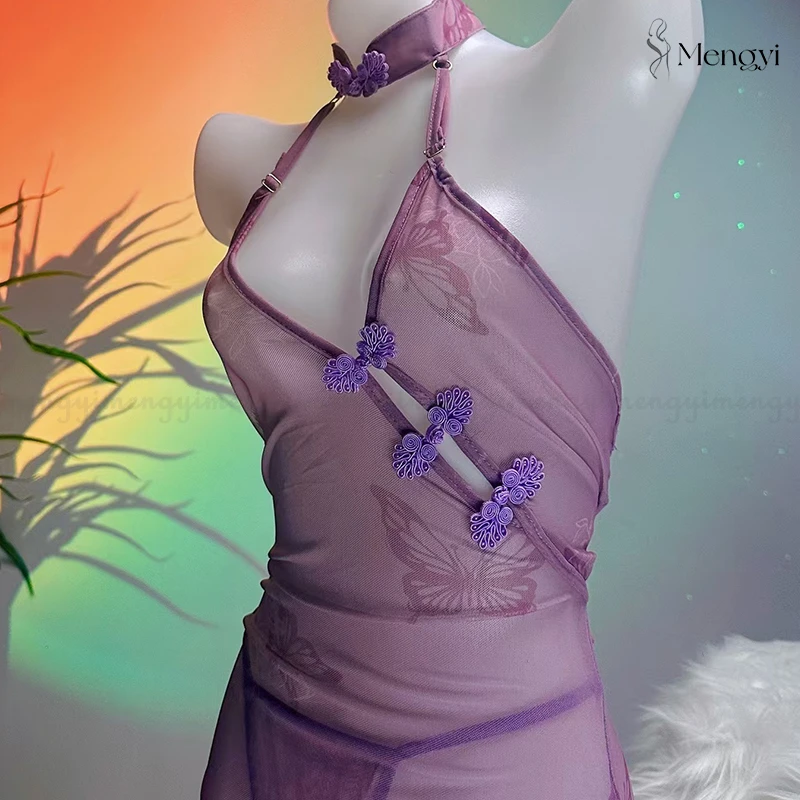 新中式轻奢睡衣夏季新款吊带居家服睡衣女外穿睡裙紫色MYQQSY-011