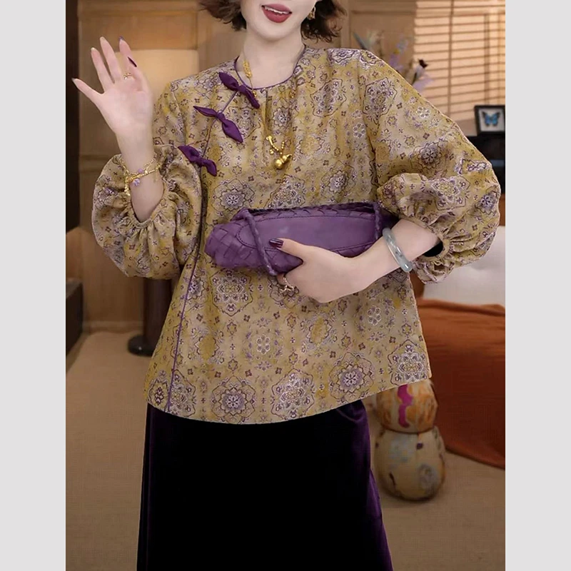 新中式国风女装知性风上衣2025早秋新款老钱风宝相花气质唐装衬衫