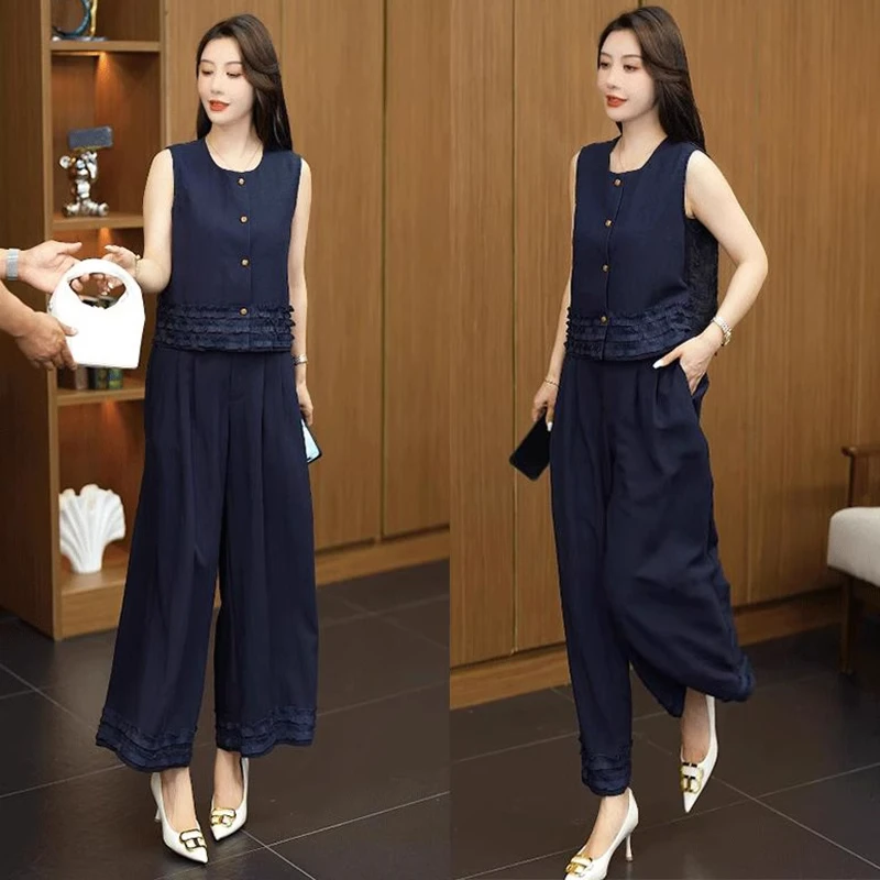 时尚套装复古原宿风休闲风无袖上衣阔腿裤两件套洋气宽松女装