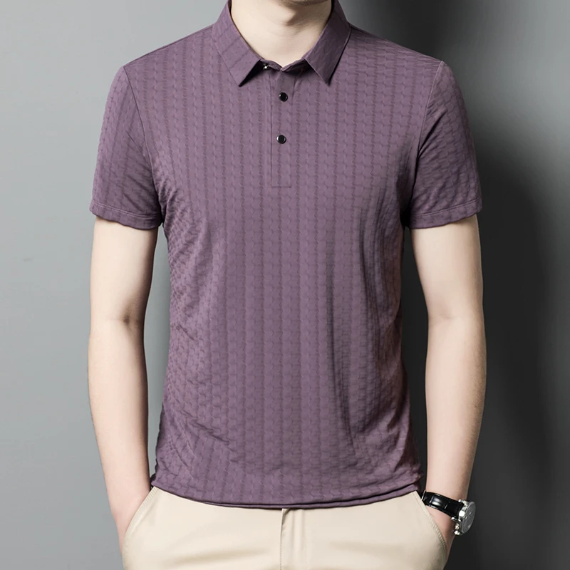 冰丝翻领Polo衫男士高级商务短袖t恤夏季无痕提花男士体恤上衣服