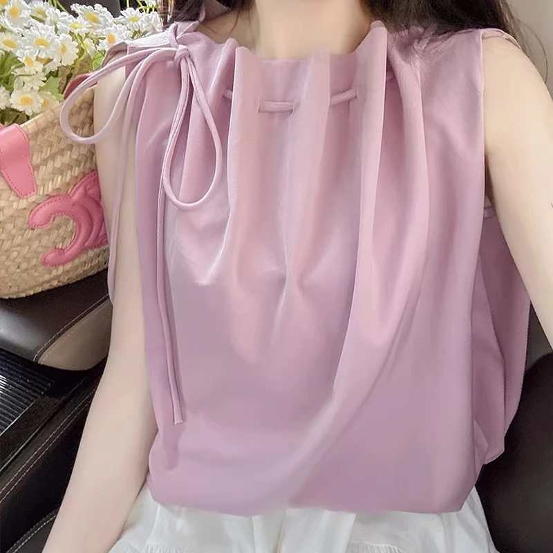 高级感蝴蝶结系带无袖上衣女夏季新款设计感百搭洋气圆领缎绸小衫