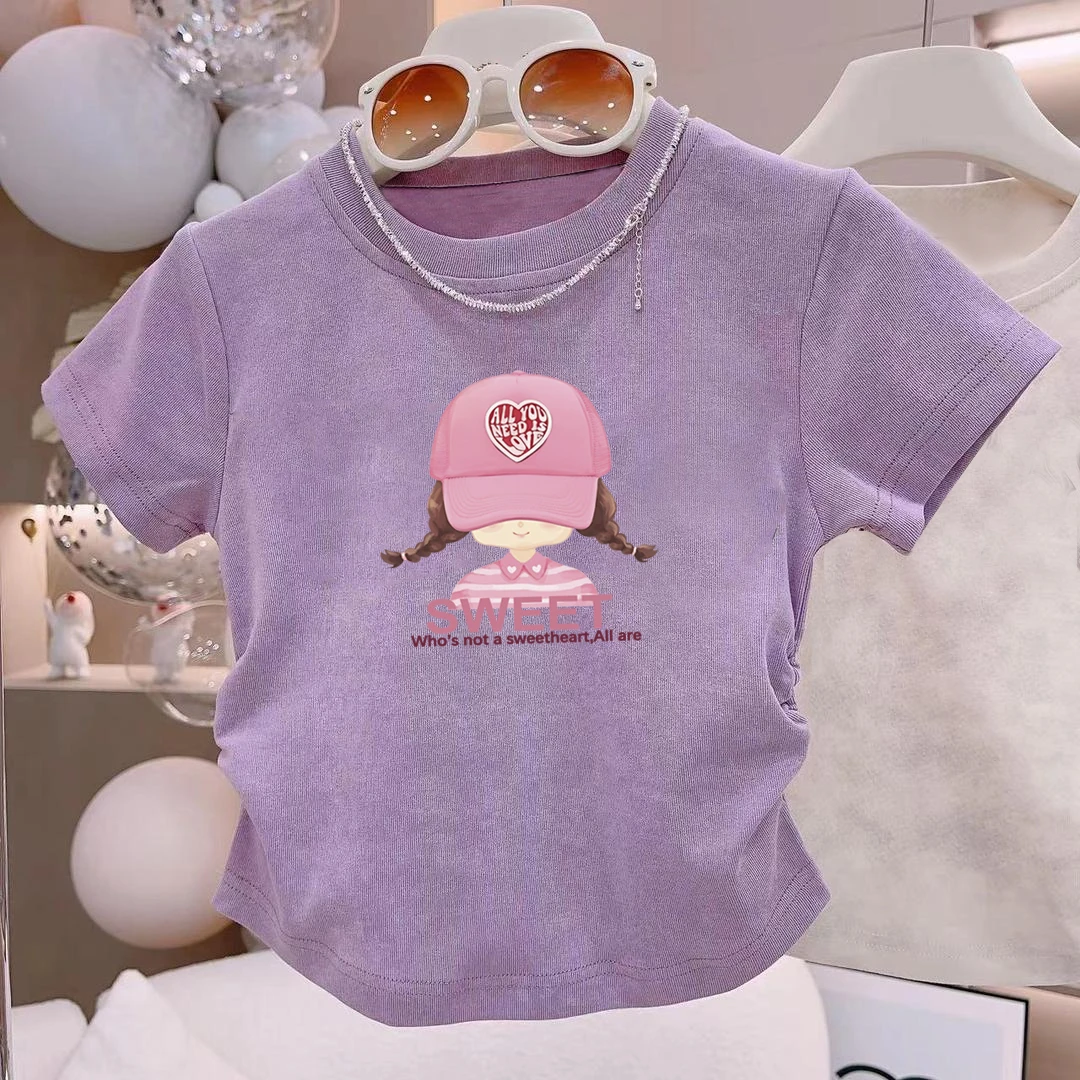 纯棉女童t恤夏季2025新款洋气时尚中大童字母韩版休闲紫色上衣潮