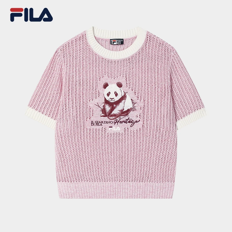 【舒适透气流光风】FILA斐乐熊猫T恤女秋休闲短袖编织衫F11W538411F