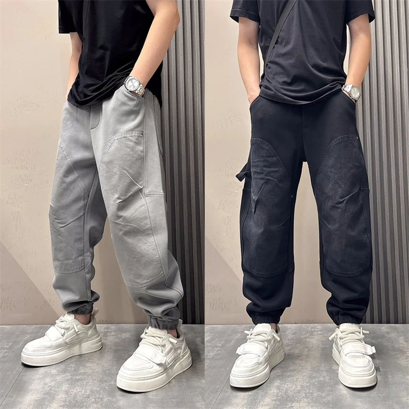 2025秋冬厚款设计感水洗做旧拼接束脚裤潮流男青年美式痞帅休闲裤