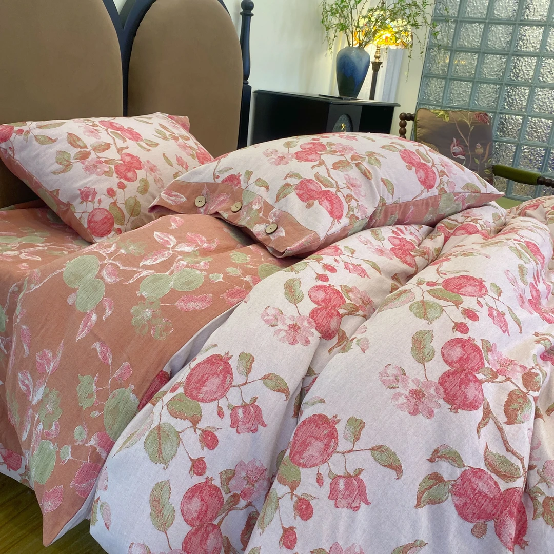 【雅趣】石榴红了 全棉贡缎提花工艺四件套 轻奢简约新中式套件