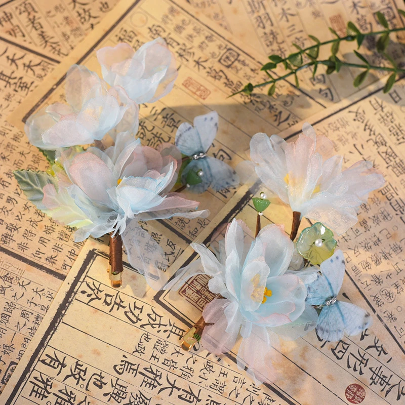 原创清汉女头饰古风后压唐风发饰超仙布艺花朵蓝色发夹边夹侧