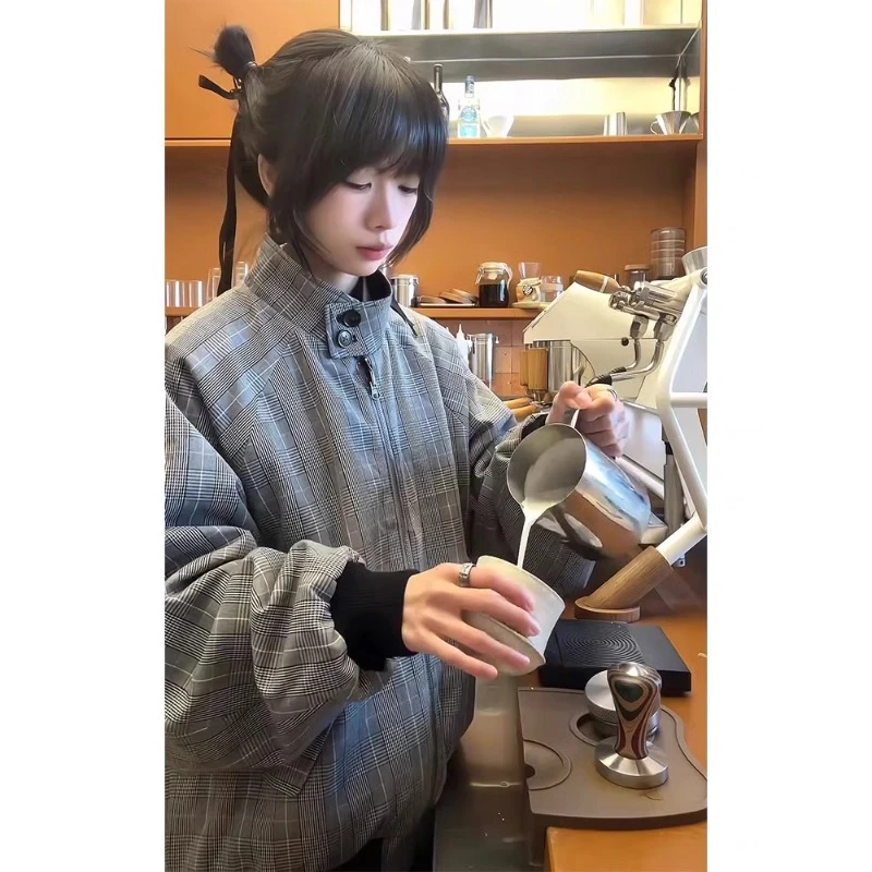 cleanfit穿搭千鸟格立领夹克男女春秋季小香风高级感美式解构外套