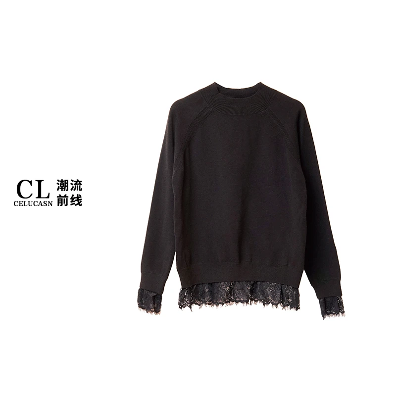 A7VI6D16#蕾丝拼接长袖T恤打底衫女秋冬季宽松内搭上衣