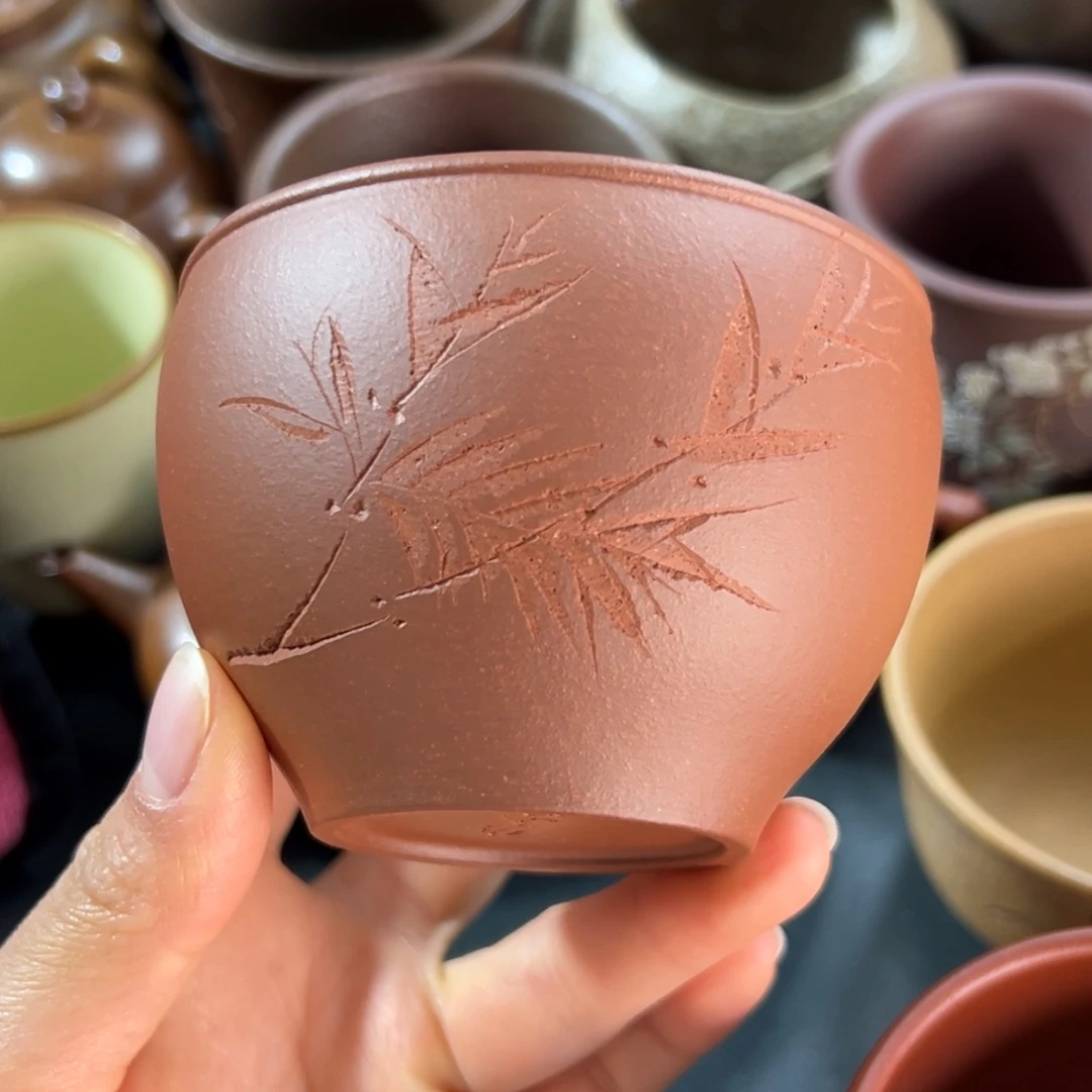 紫砂茶杯紫泥竹趣