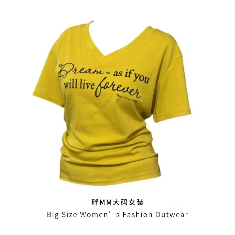 大码胖MMV领多色可选字母印花休闲时尚百搭短袖上衣女T恤宽松