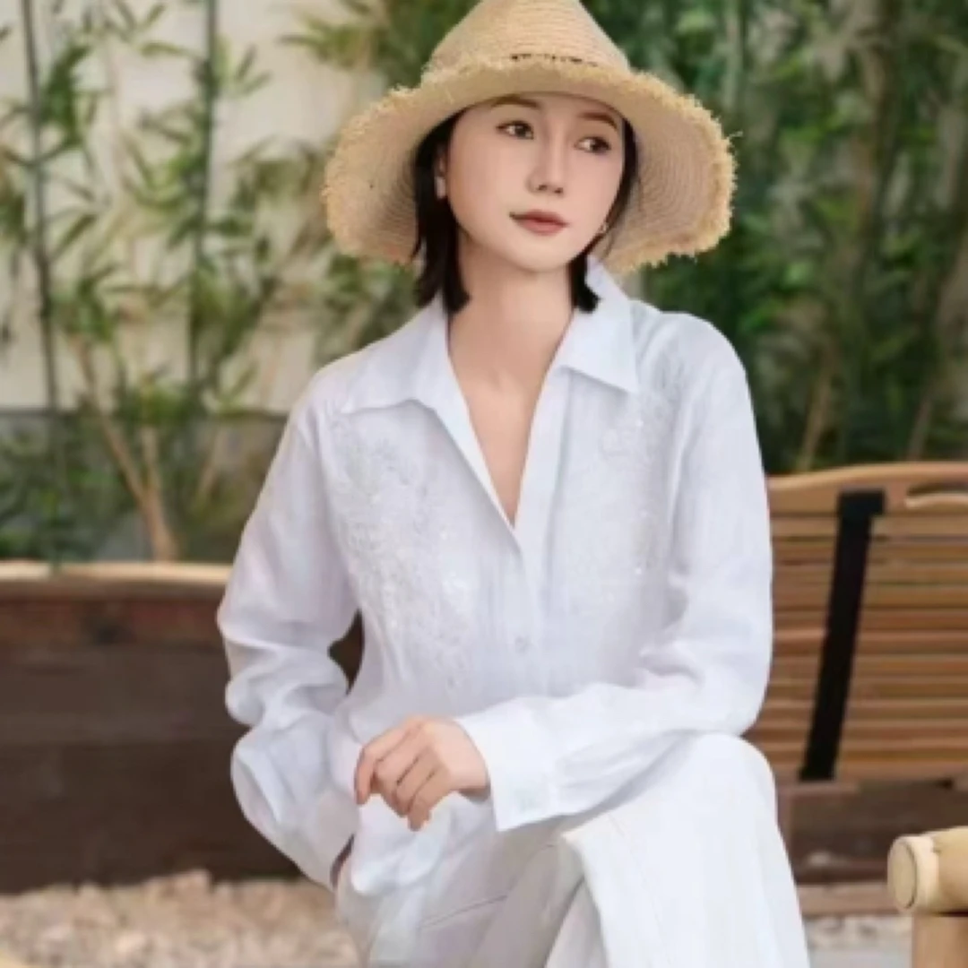 LINGZI亚麻手工串珠衬衫