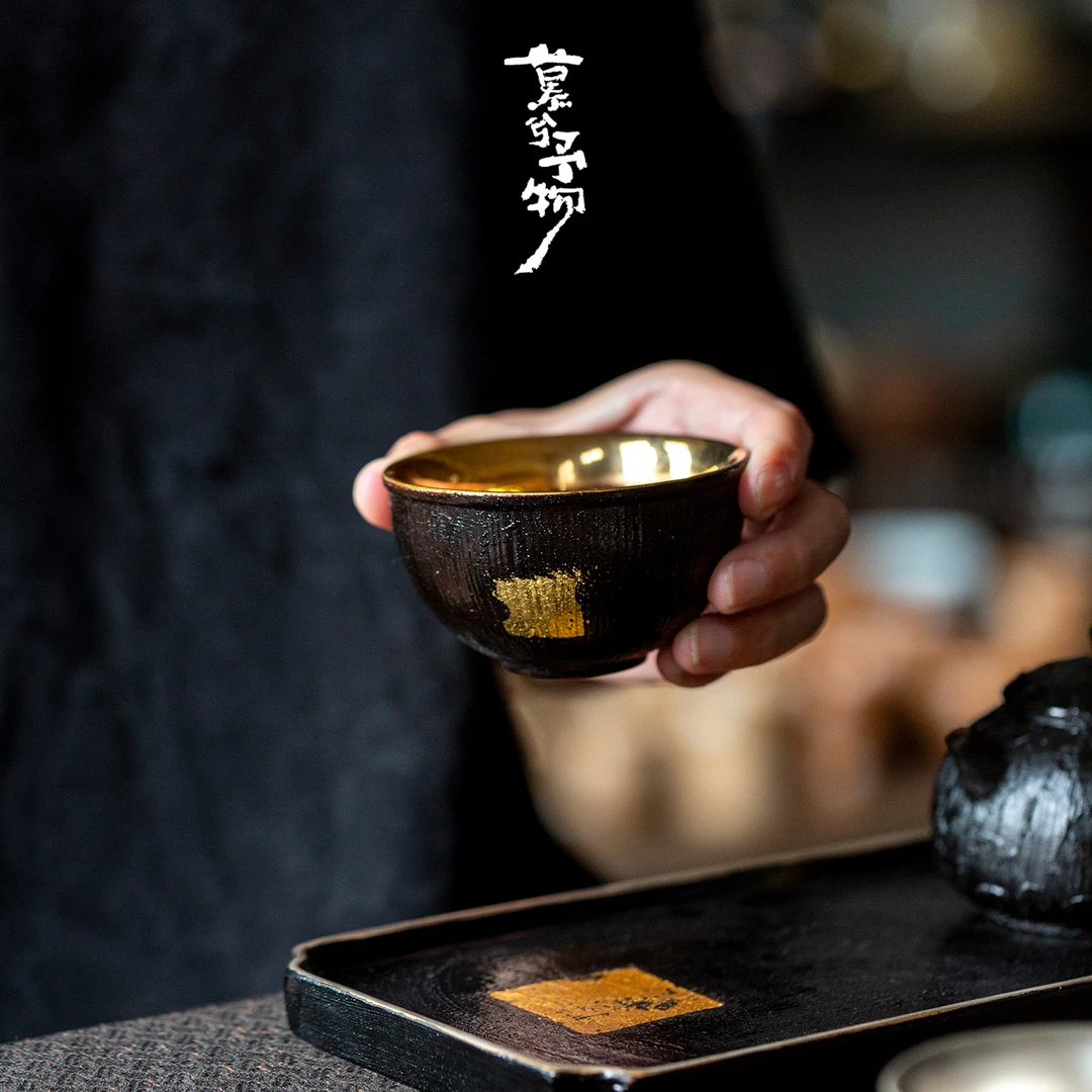 慕兮金箔杯大漆茶杯鎏金鎏银品茗杯新中式禅意主人杯精致高档茶盏