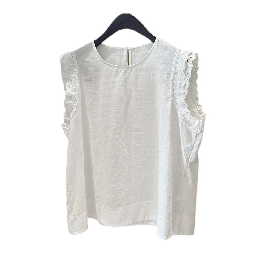 洋气飞飞袖亚麻衬衫气质女2025白色短袖薄款宽松休闲圆领上衣T恤