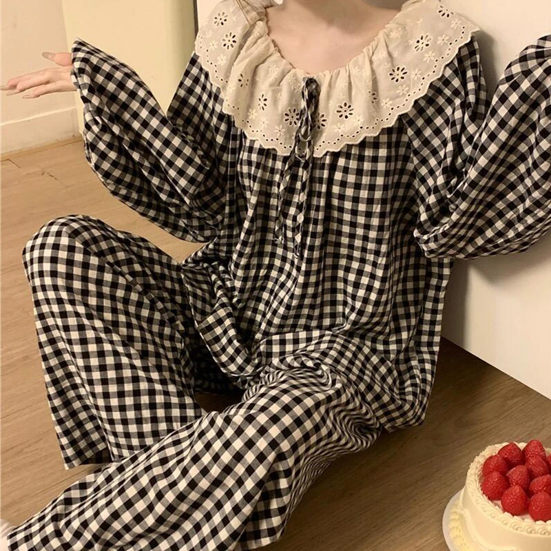 【星】睡衣女春秋季少女甜美蕾丝花边格子长袖长裤家居服套装2025