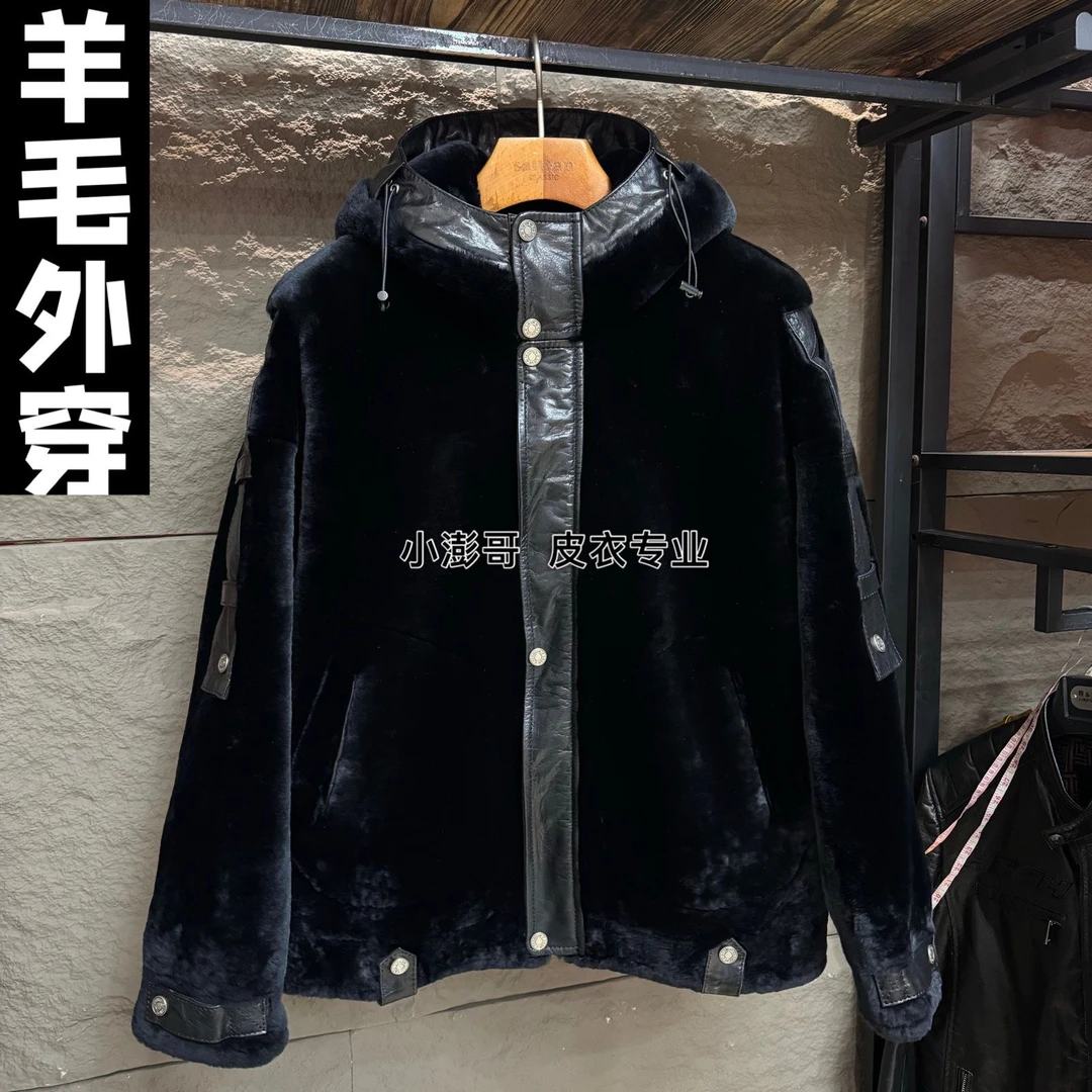 真皮一体保暖冬季连帽宽松型男皮衣黑色大码时尚外套