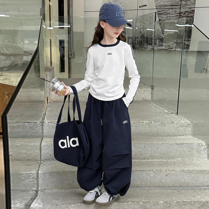 女童秋装休闲套装2025新款韩版洋气女孩春秋长袖T恤阔腿裤两件套