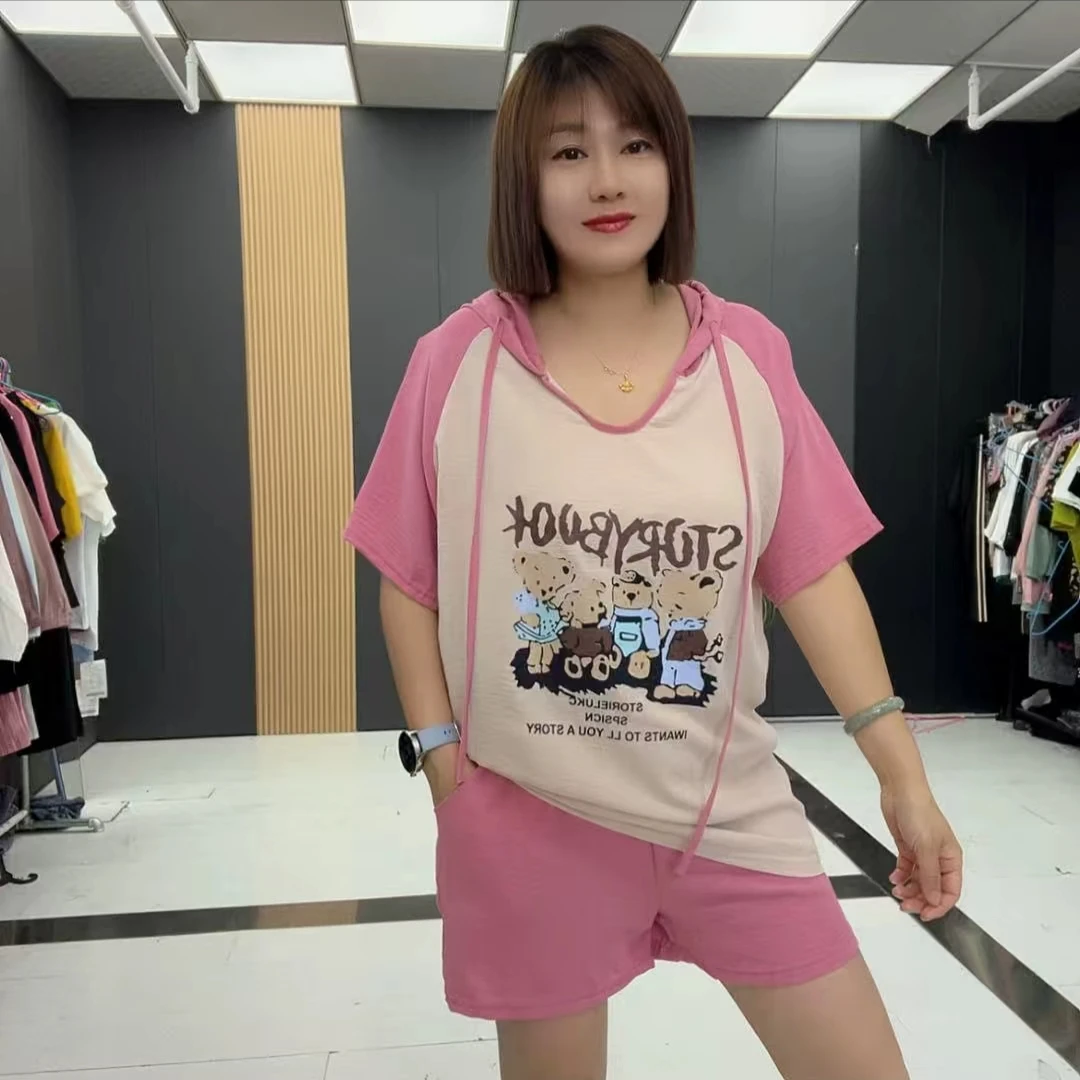 SF9199夏季新款休闲字母卡通拼接短袖T恤短裤时尚女套装
