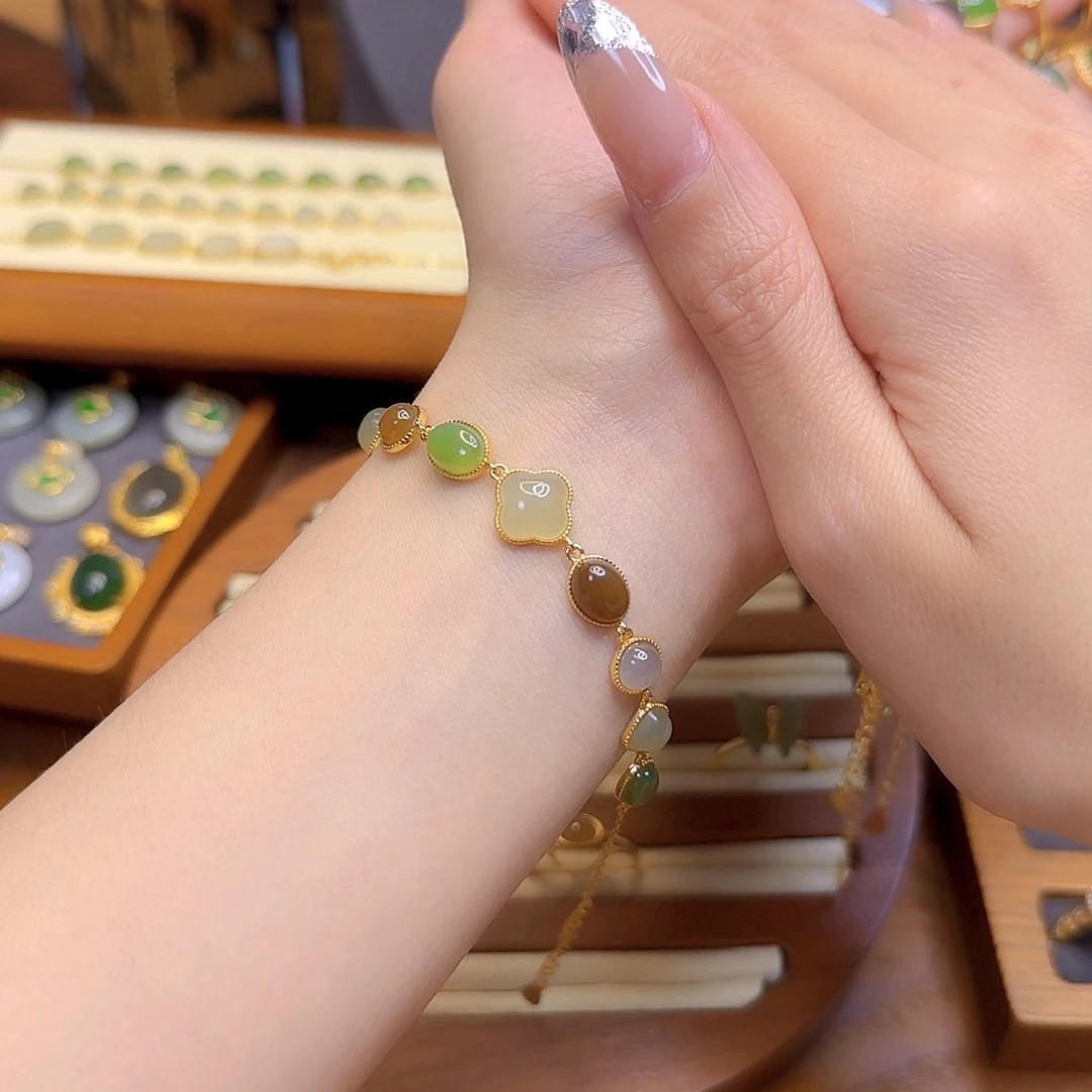 和田玉手链银S925镀金镶嵌多样性发货