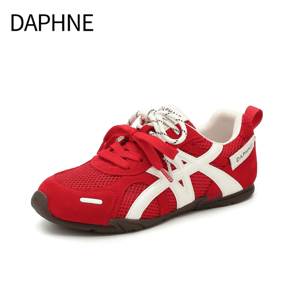 达芙妮复古时尚红色休闲鞋2025夏季新款百搭双鞋带透气网面德训鞋