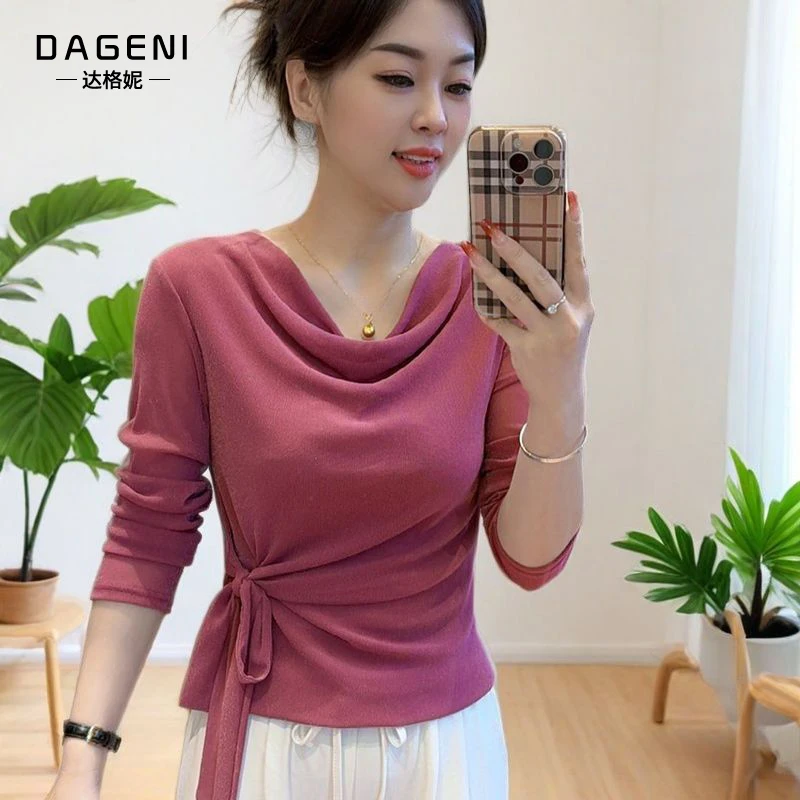 时尚显瘦系带蝴蝶结长袖上衣女2025早秋新款堆堆领网纱打底衫t恤