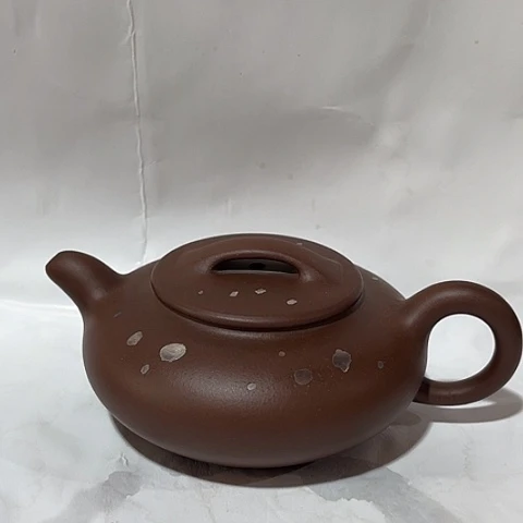 茶壶紫泥大***爱宜兴紫砂扁玉锡装饰紫泥