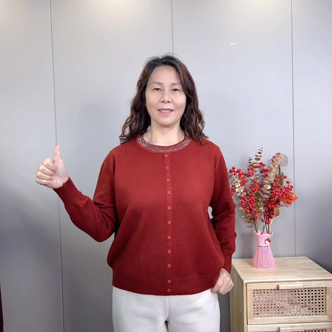 春秋圆领立体装饰针织长袖衬衫百搭秋冬打底女士纯色套头