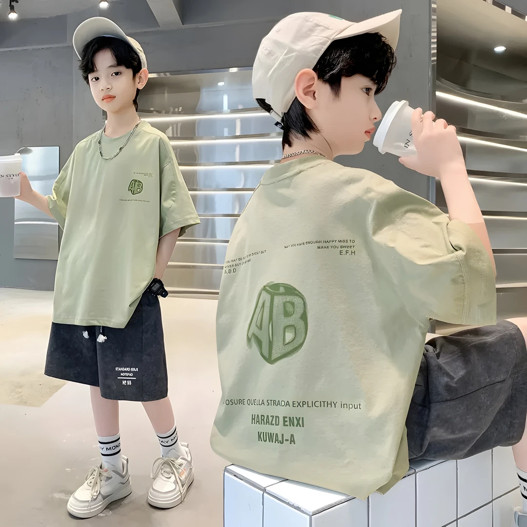 新品大童女装贝尔熊100%纯棉男童夏季宽松短袖t恤2025中大童