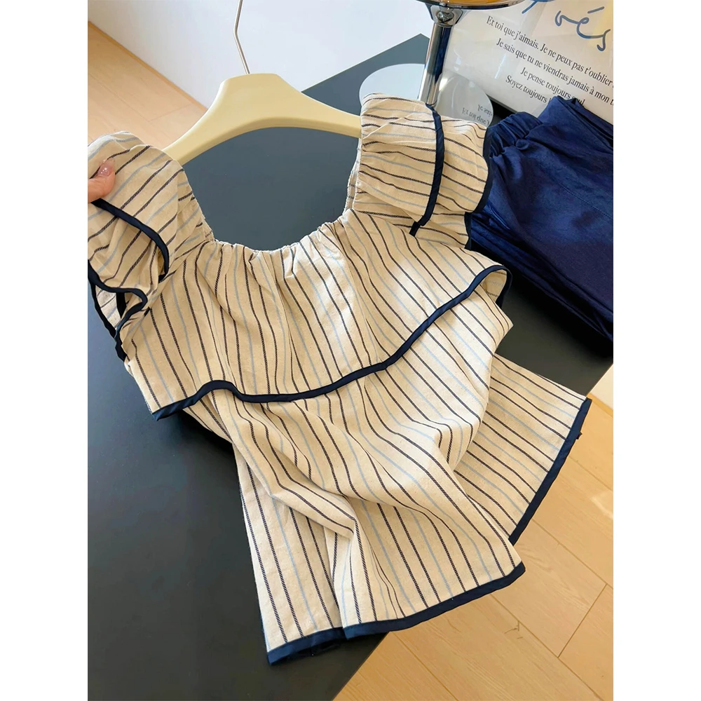 条纹撞色荷叶边方领撞色衬衫女2025夏季新款设计感茶里茶气小衫潮