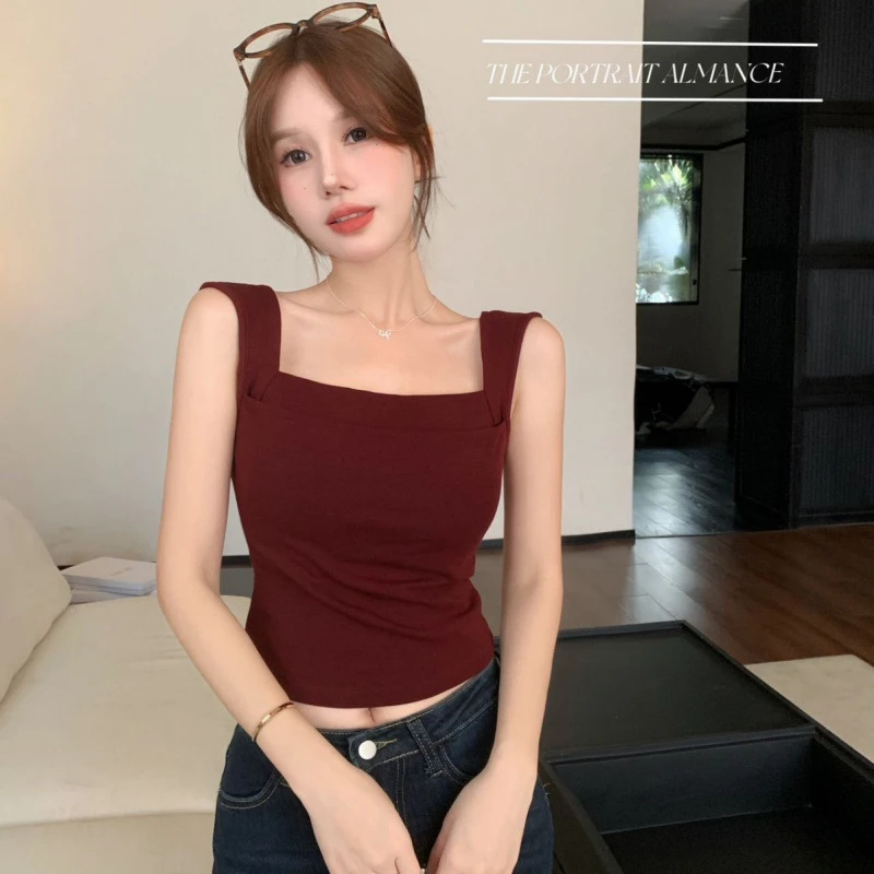 夏季新款宽肩直角肩双层背心简约纯色百搭带胸垫外穿美背上衣内搭