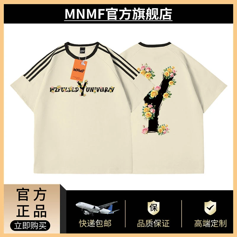 2025国潮牌新款Y字母花卉印花夏季男女款潮牌纯棉三条杠短袖上衣