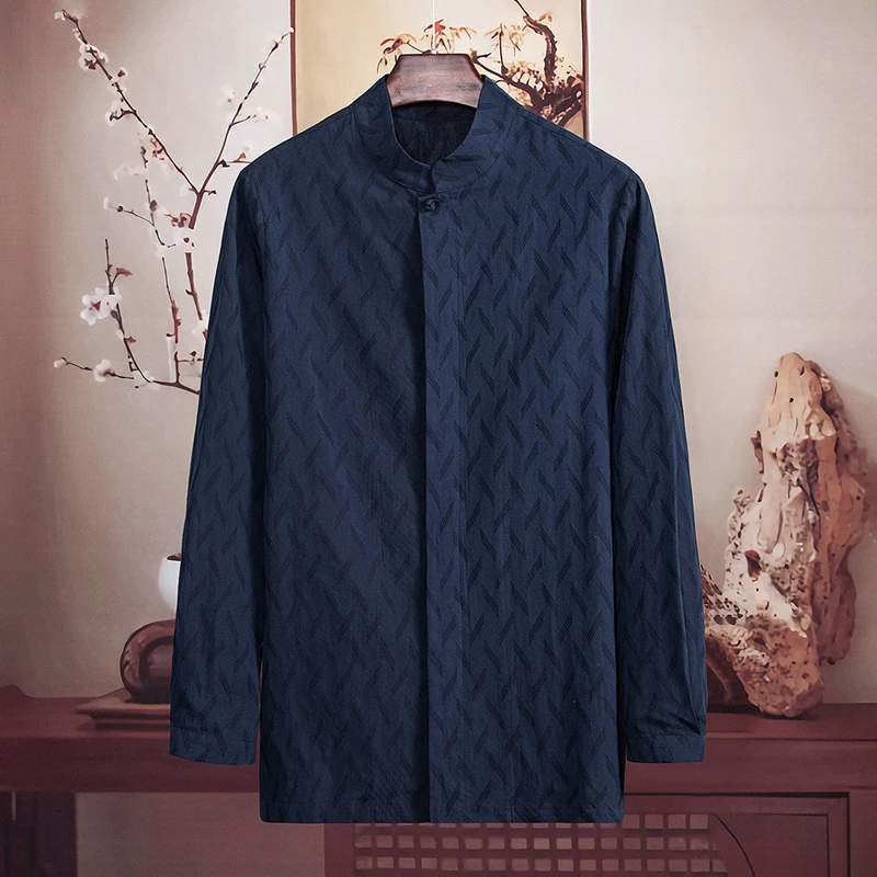 由天丨中国风男士立领长袖衬衫新中式休闲男装提花长袖衬衣复古风