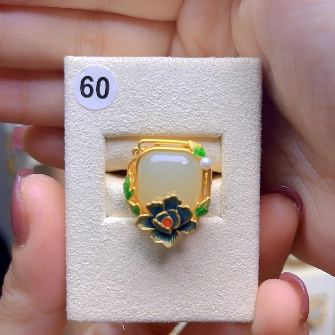 和田玉银S925镀金镶嵌戒指