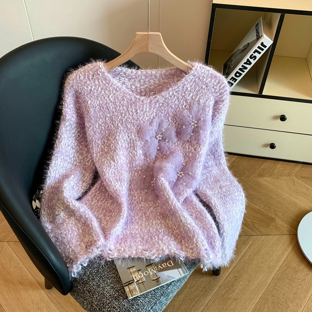 2025秋冬新款法式甜美立体花朵钉珠长袖V领毛衣针织衫宽松上衣女