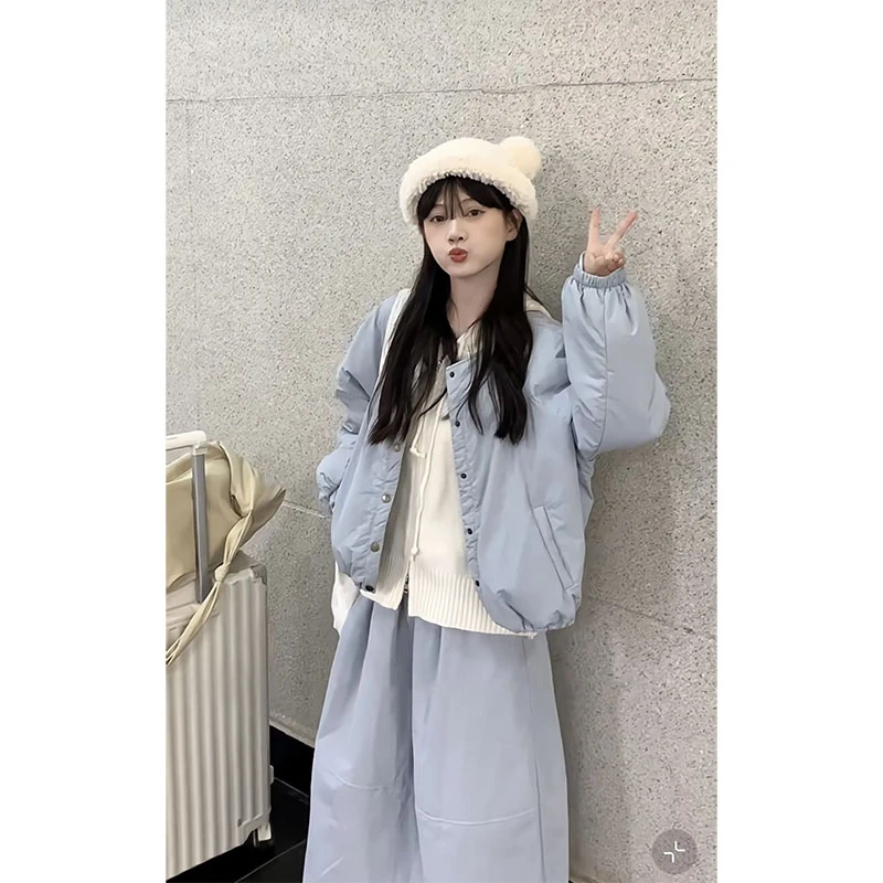 秋冬韩系穿搭一整套时尚休闲棉外套叠穿连帽毛衣宽松半身裙三件套