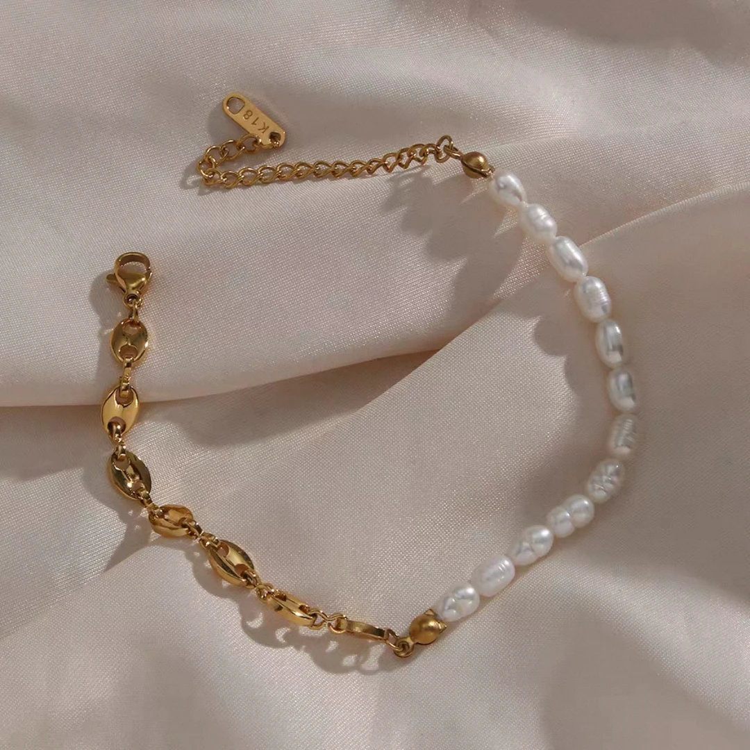 钛钢仿珍珠手链 3354钛钢高级感CD拼接贝珠手链