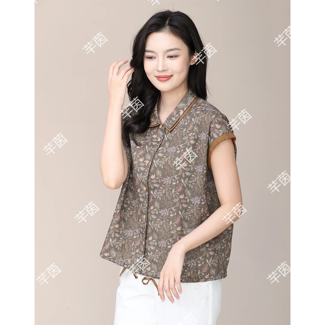 高端棉麻时尚妈妈装夏季新款翻领衬衫中年女装洋气减龄显瘦衬衣服