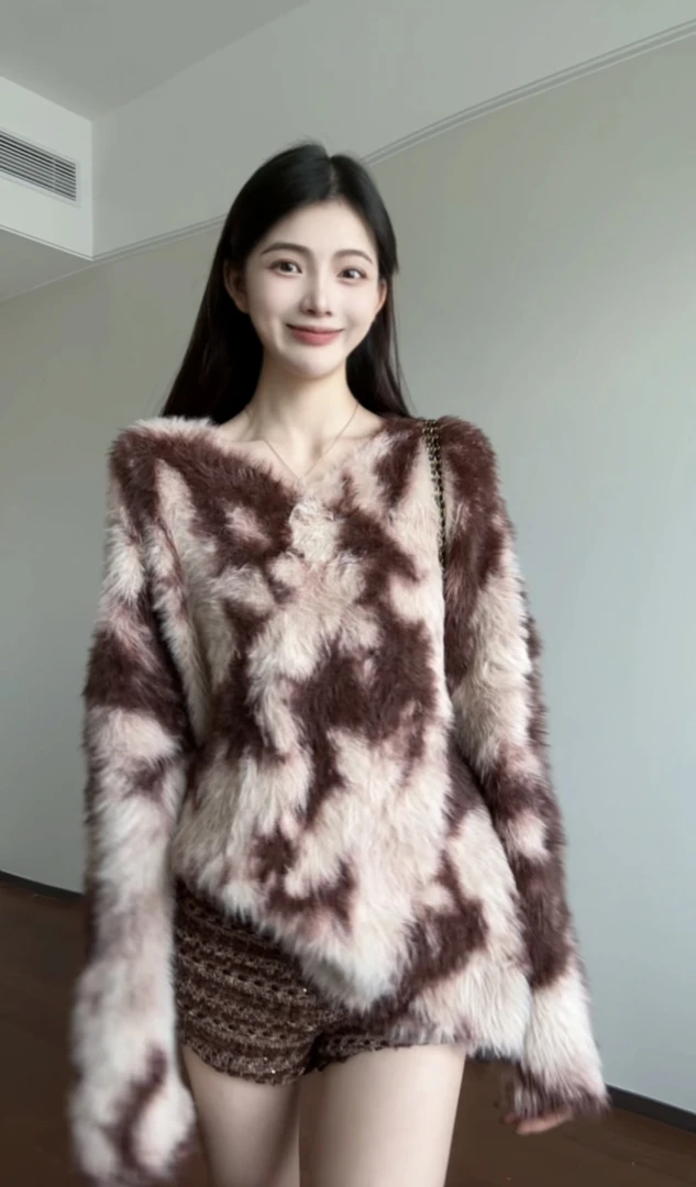 优雅洋气设计感慵懒露肩毛毛毛衣+重工亮片短裤套装#22636