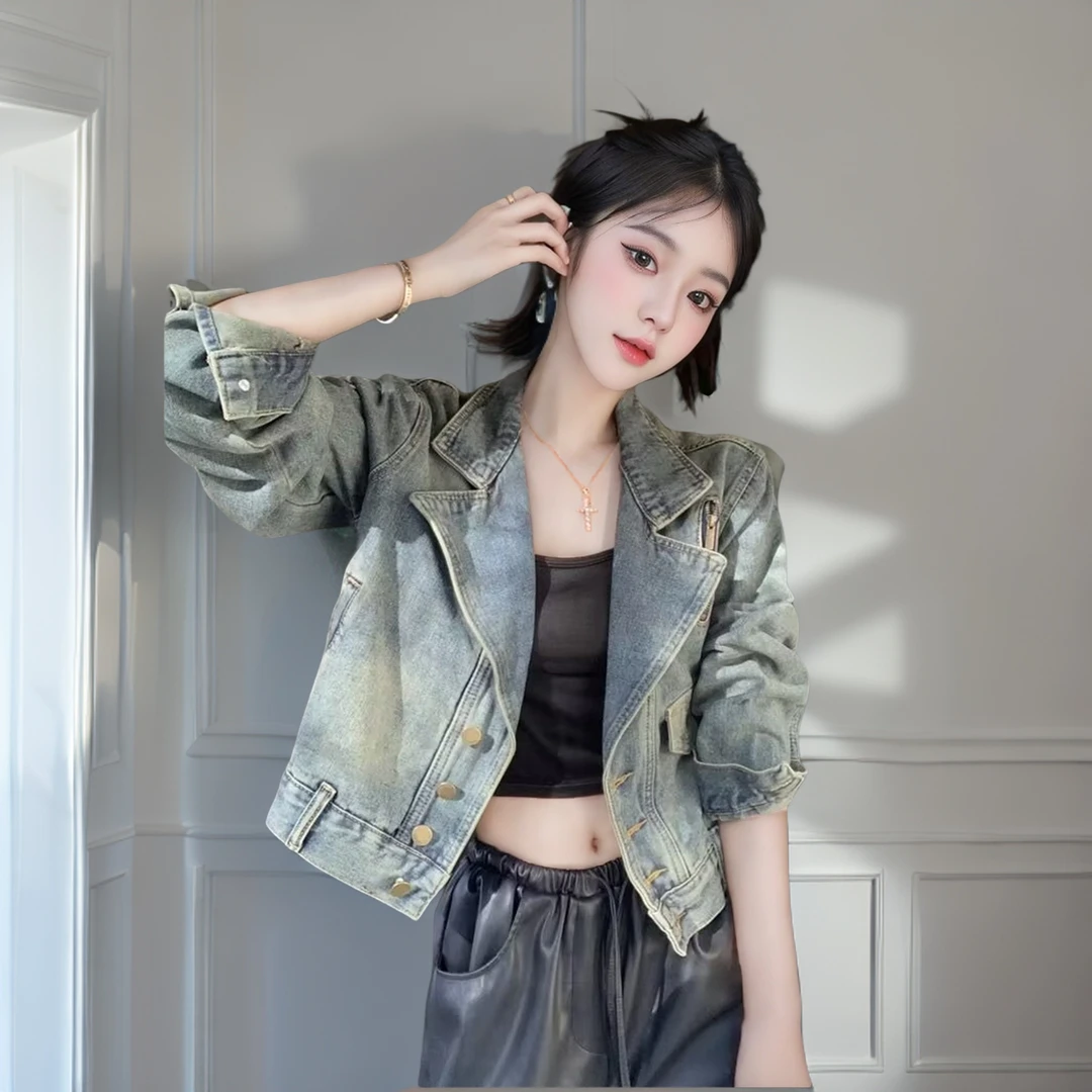 西服领牛仔外套女2025春季新款短款百搭休闲机车夹克上衣女款