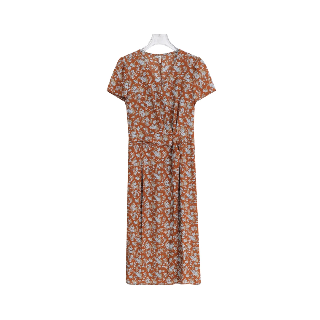 时尚中长款简约清新小碎花系带收腰短袖V领连衣裙A13220