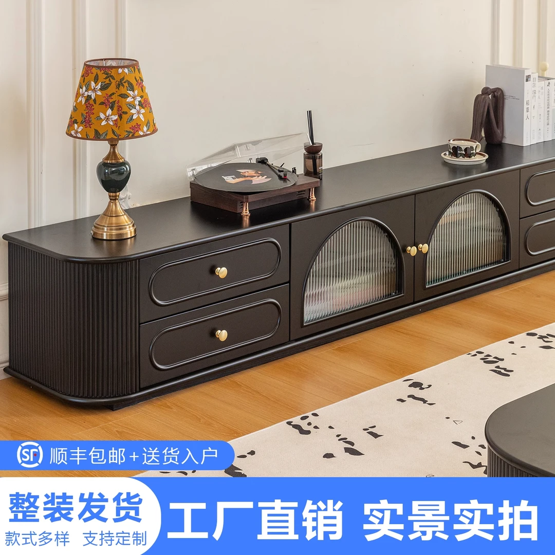 法式落地电视柜复古黑色实木客厅家用茶几组合2025新款烤漆TV矮柜