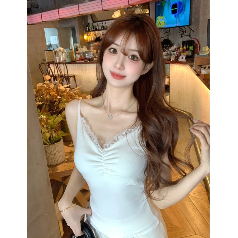 夏季新款蕾丝辣妹纯欲吊带背心女带胸垫收腰显瘦甜美百搭打底上衣