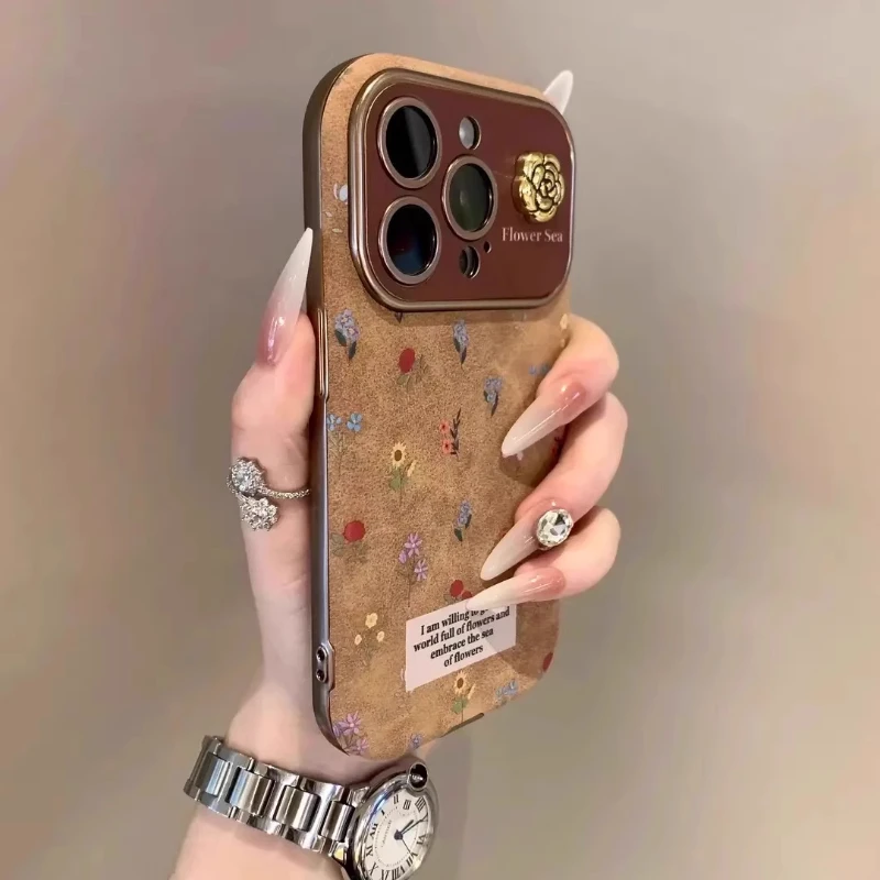 山茶花适用苹果17promax手机壳新款air防摔iPhone16翻毛皮全包15