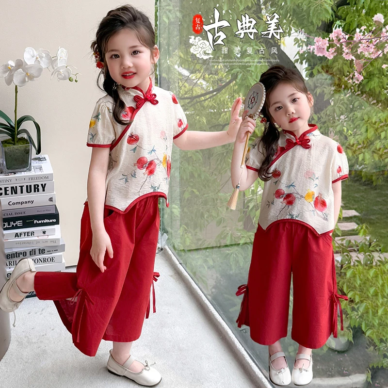 碎花薄款中国风女夏季国潮风套装女童小女孩公主汉服童装洋气