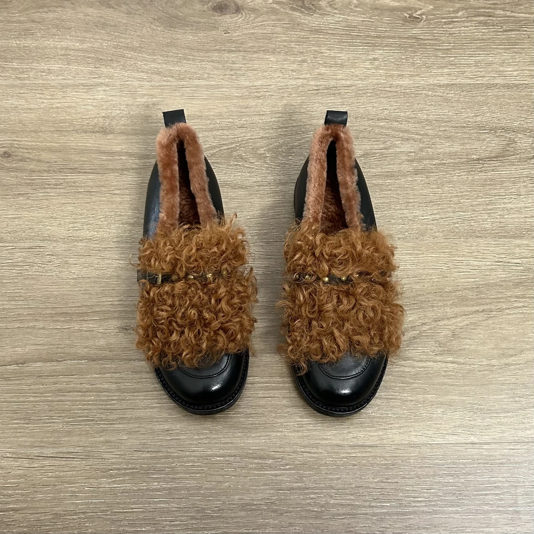 Dannyfrey秋冬文艺复古风加绒毛毛乐福鞋一脚蹬深口保暖单鞋2.5CM