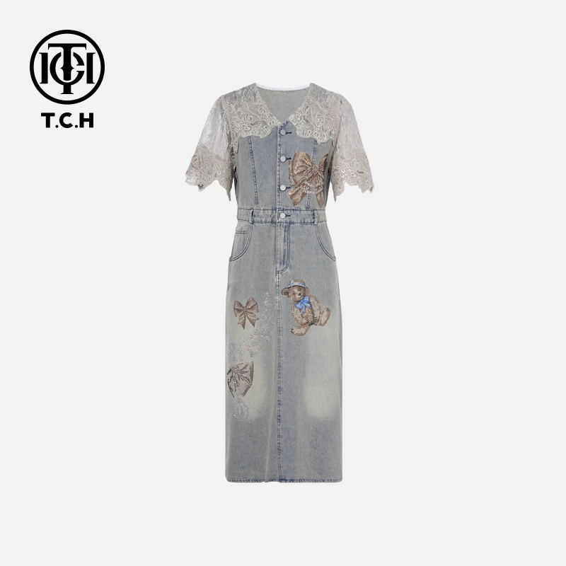 TCH轻奢烫钻工艺时尚百搭牛仔高级感连衣裙女T75B30E1120私服tch