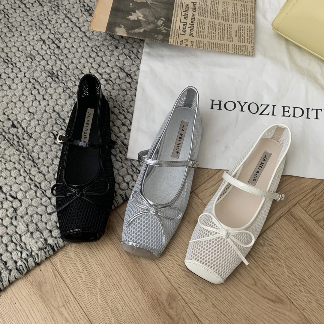 广州女鞋~平底法式晚风蝴蝶结方头镂空玛丽珍单鞋女鞋子2025年新